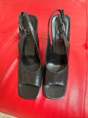 Gucci Black Leather Open-Toe Slingback Heels